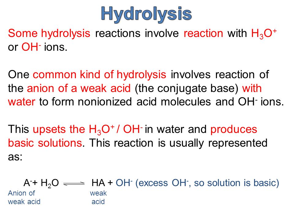 Some hydrolysis reactions involve reaction with H 3 O + or OH - ions.
