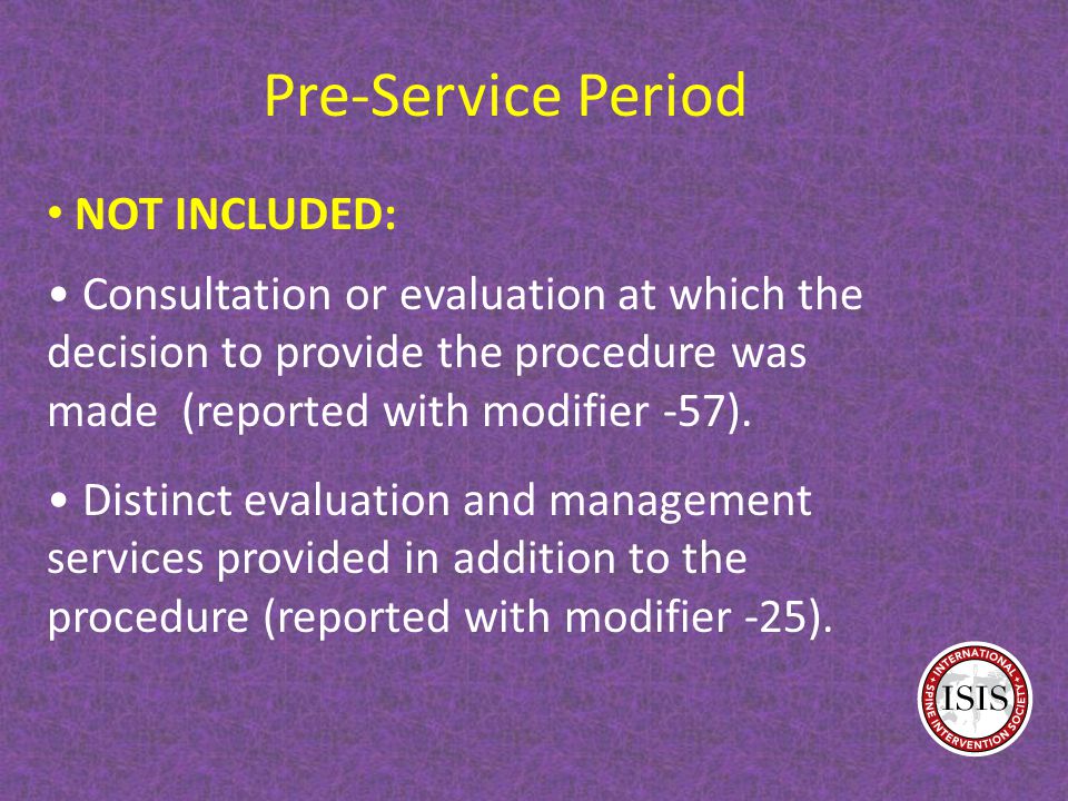 Pre-Service Period NOT INCLUDED: Consultation or evaluation at which the decision to provide the procedure was made (reported with modifier -57).