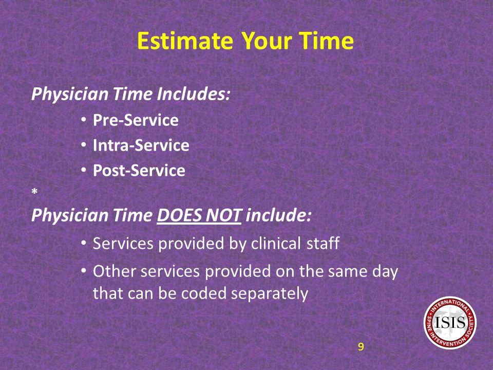 Estimate Your Time Physician Time Includes: Pre-Service Intra-Service Post-Service * Physician Time DOES NOT include: Services provided by clinical staff Other services provided on the same day that can be coded separately 9