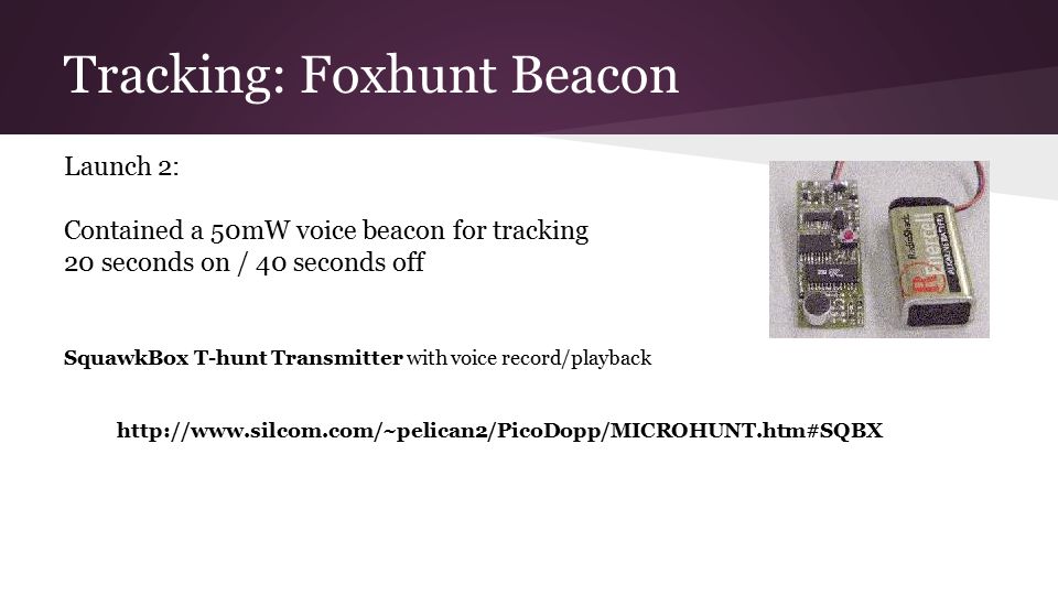 Tracking: Foxhunt Beacon Launch 2: Contained a 50mW voice beacon for tracking 20 seconds on / 40 seconds off SquawkBox T-hunt Transmitter with voice record/playback