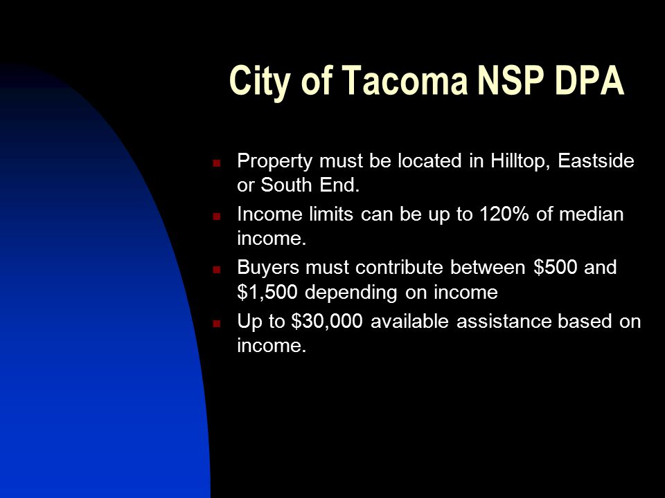 City of Tacoma NSP DPA Property must be located in Hilltop, Eastside or South End.