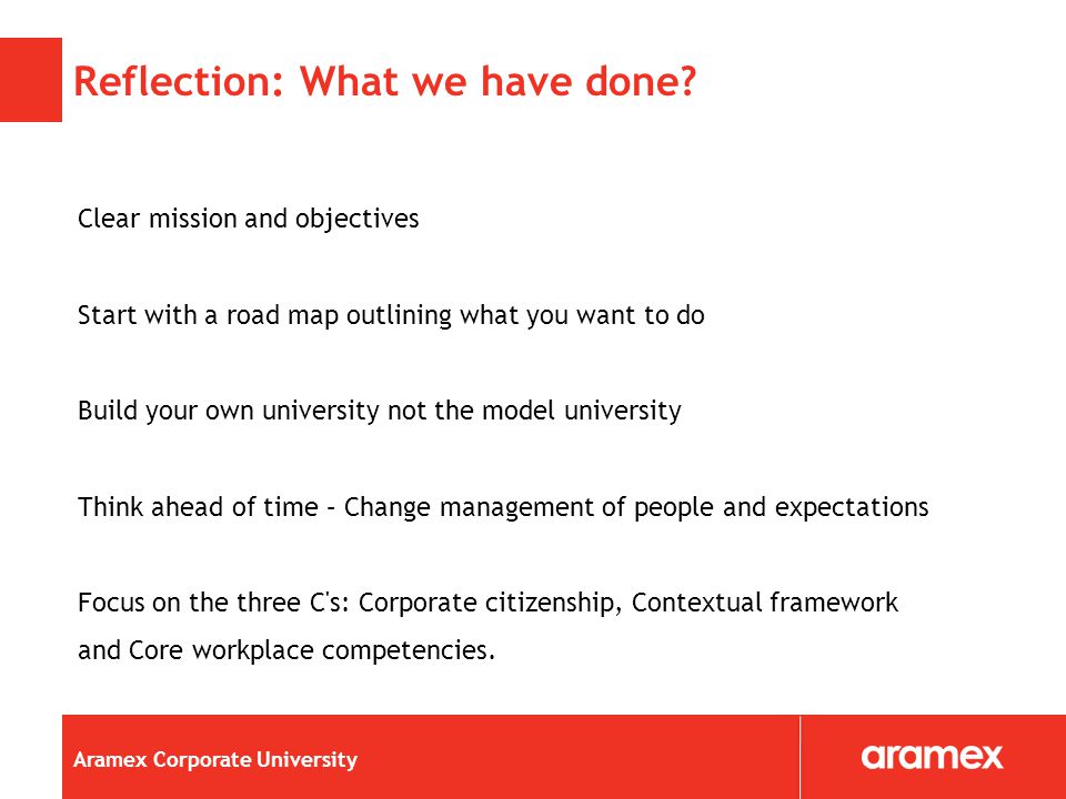 Aramex Corporate University Reflection: What we have done.