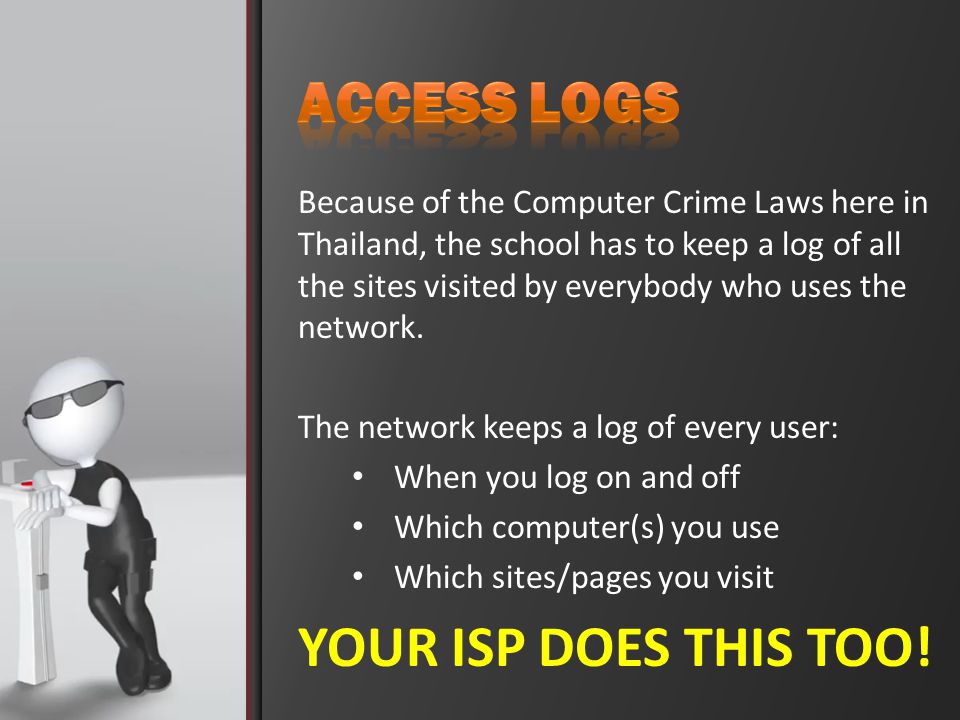 Because of the Computer Crime Laws here in Thailand, the school has to keep a log of all the sites visited by everybody who uses the network.