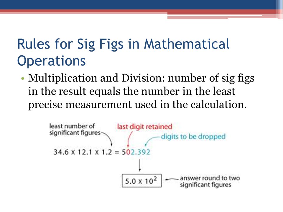 Rules for Sig Figs in Mathematical Operations Multiplication and Division: number of sig figs in the result equals the number in the least precise measurement used in the calculation.