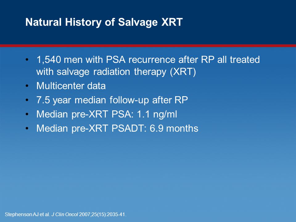 Natural History of Salvage XRT 1,540 men with PSA recurrence after RP all treated with salvage radiation therapy (XRT) Multicenter data 7.5 year median follow-up after RP Median pre-XRT PSA: 1.1 ng/ml Median pre-XRT PSADT: 6.9 months Stephenson AJ et al.