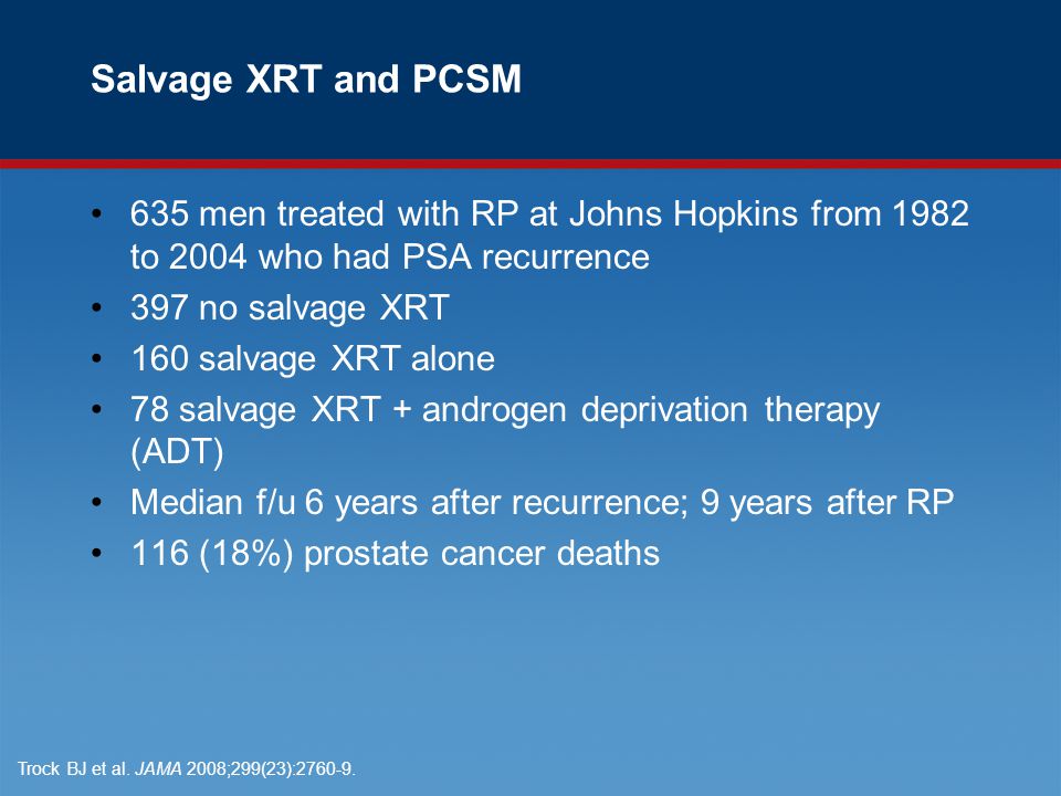 Salvage XRT and PCSM 635 men treated with RP at Johns Hopkins from 1982 to 2004 who had PSA recurrence 397 no salvage XRT 160 salvage XRT alone 78 salvage XRT + androgen deprivation therapy (ADT) Median f/u 6 years after recurrence; 9 years after RP 116 (18%) prostate cancer deaths Trock BJ et al.
