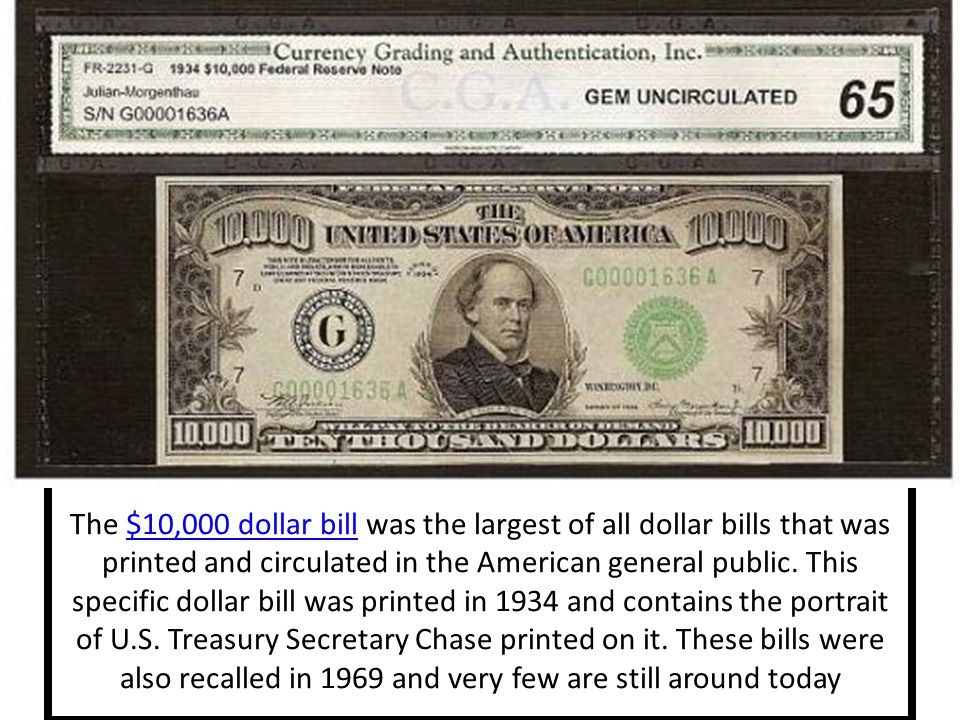 The $10,000 dollar bill was the largest of all dollar bills that was printed and circulated in the American general public.