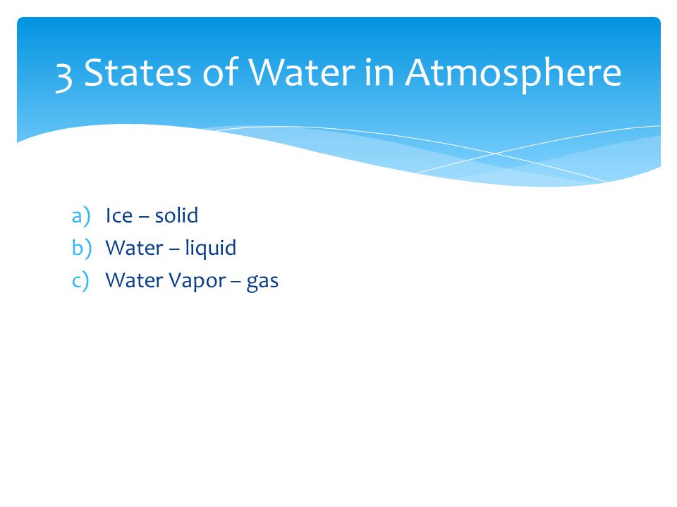 a)Ice – solid b)Water – liquid c)Water Vapor – gas 3 States of Water in Atmosphere