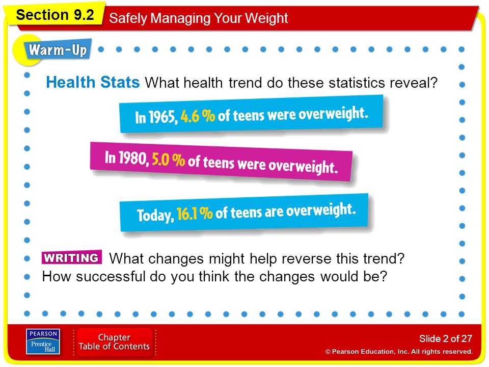 Section 9.2 Safely Managing Your Weight Slide 2 of 27 Health Stats What health trend do these statistics reveal.