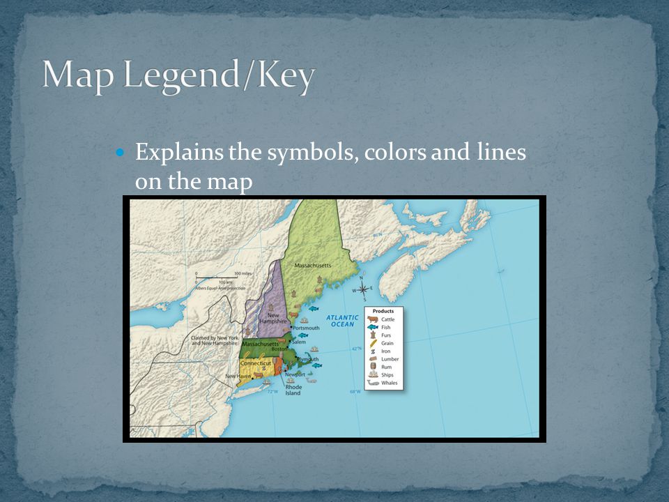 Explains the symbols, colors and lines on the map