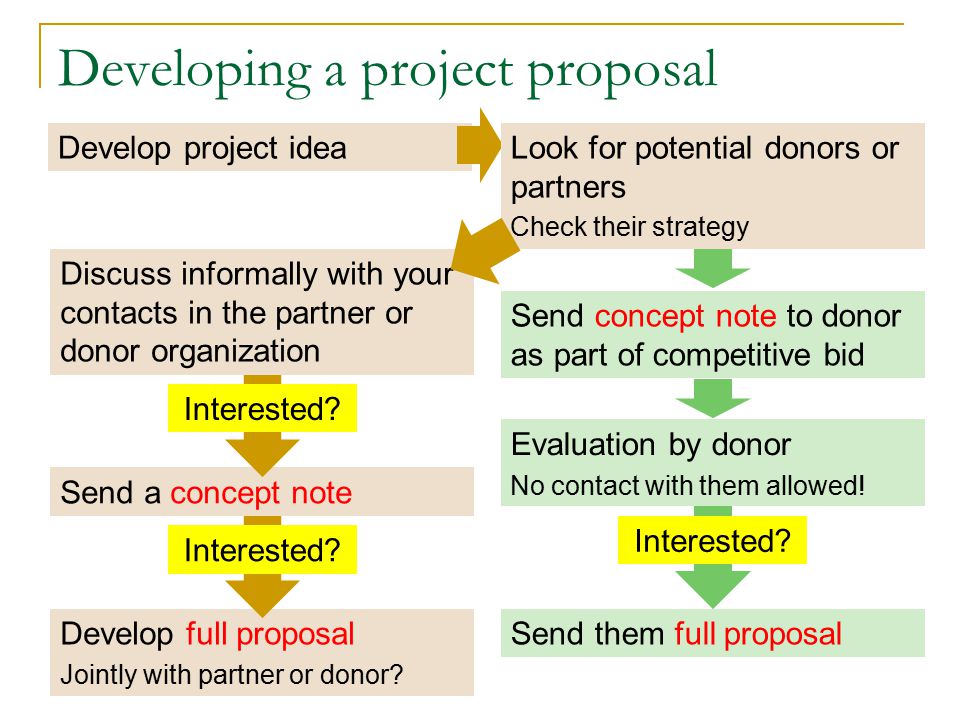 Developing a project proposal Send a concept note Evaluation by donor No contact with them allowed.