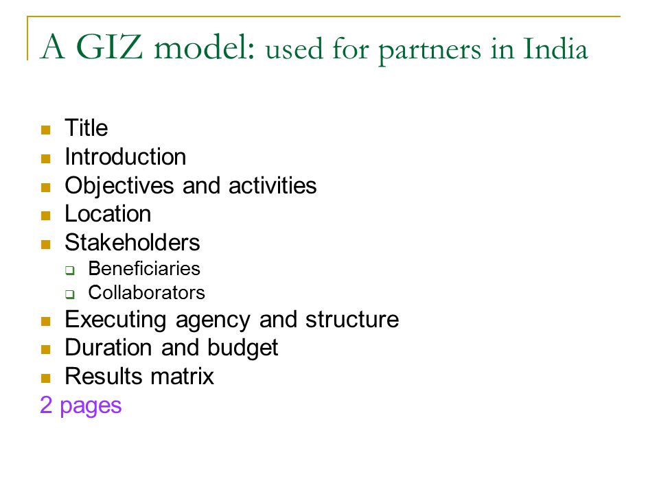 A GIZ model: used for partners in India Title Introduction Objectives and activities Location Stakeholders  Beneficiaries  Collaborators Executing agency and structure Duration and budget Results matrix 2 pages