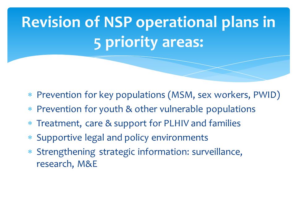  Prevention for key populations (MSM, sex workers, PWID)  Prevention for youth & other vulnerable populations  Treatment, care & support for PLHIV and families  Supportive legal and policy environments  Strengthening strategic information: surveillance, research, M&E Revision of NSP operational plans in 5 priority areas: