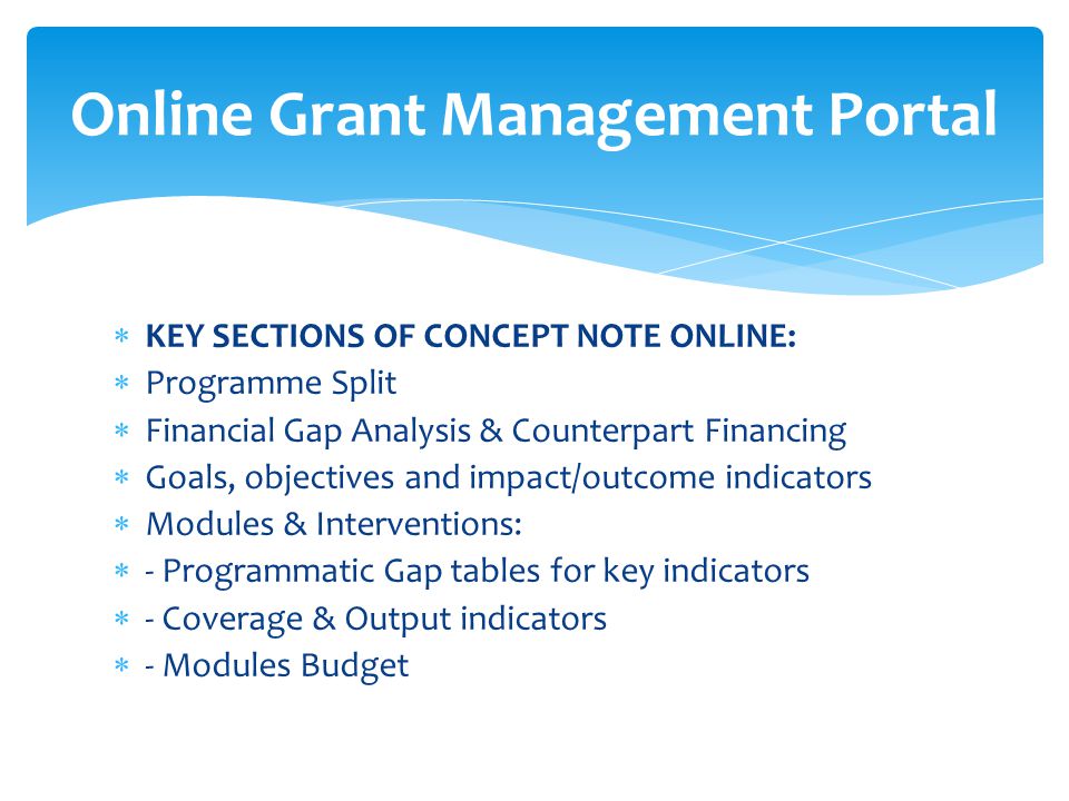  KEY SECTIONS OF CONCEPT NOTE ONLINE:  Programme Split  Financial Gap Analysis & Counterpart Financing  Goals, objectives and impact/outcome indicators  Modules & Interventions:  - Programmatic Gap tables for key indicators  - Coverage & Output indicators  - Modules Budget Online Grant Management Portal