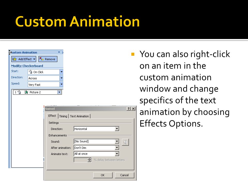  The Custom Animation option allows you to choose different animations for portions of your slides  You can control the speed at which your slides, or portions of you slides appear  You can also control slide advance timing and controls You must do this for each slide