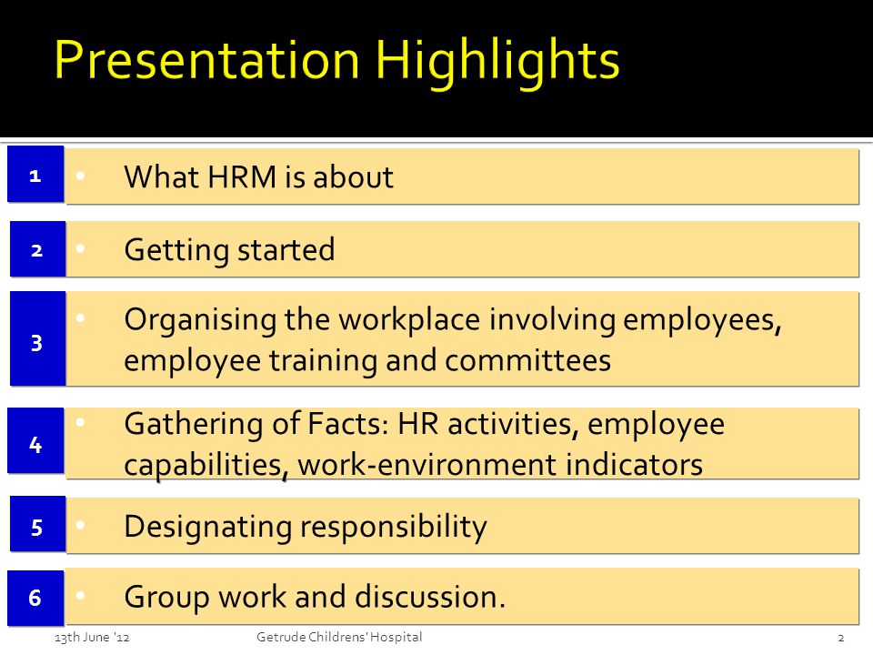 Getting started 2 2 Organising the workplace involving employees, employee training and committees 3 3 Gathering of Facts: HR activities, employee capabilities, work-environment indicators 4 4 Designating responsibility 5 5 Group work and discussion.