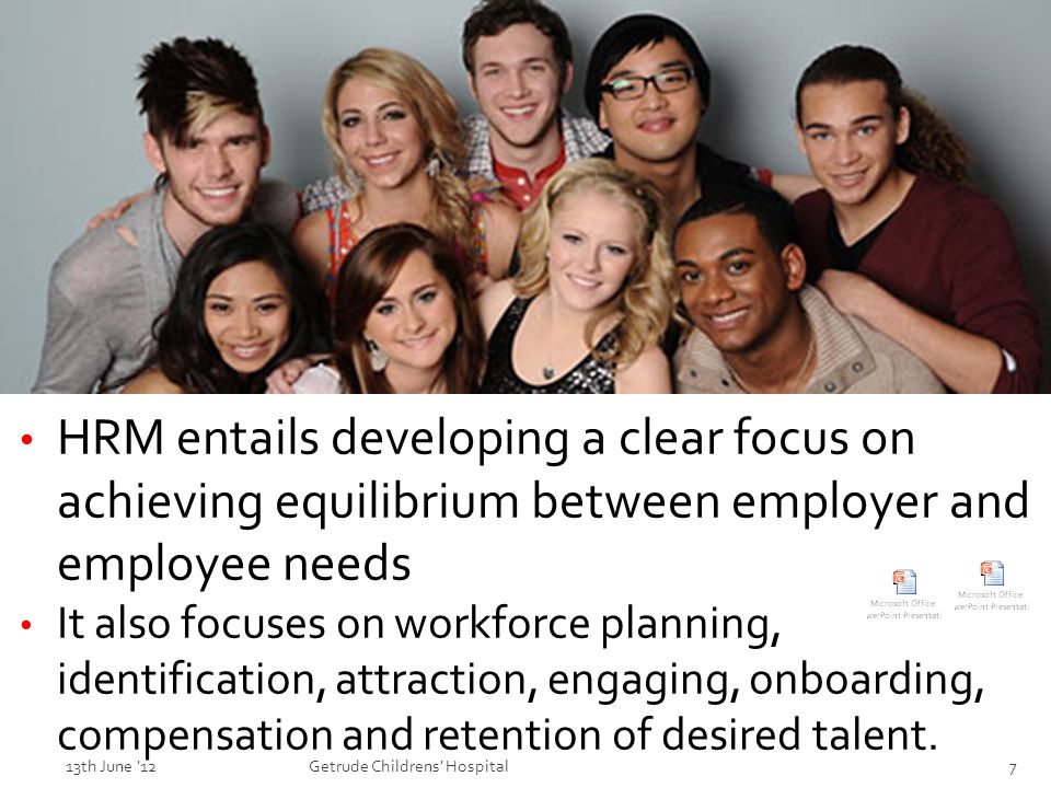 HRM entails developing a clear focus on achieving equilibrium between employer and employee needs It also focuses on workforce planning, identification, attraction, engaging, onboarding, compensation and retention of desired talent.
