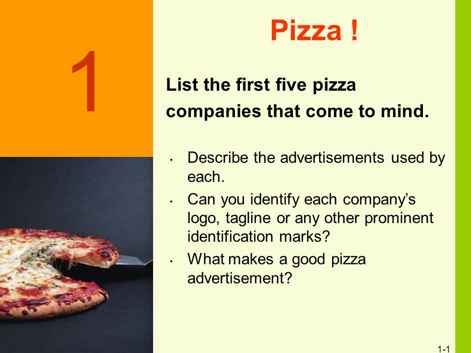 1-1 Pizza . List the first five pizza companies that come to mind.