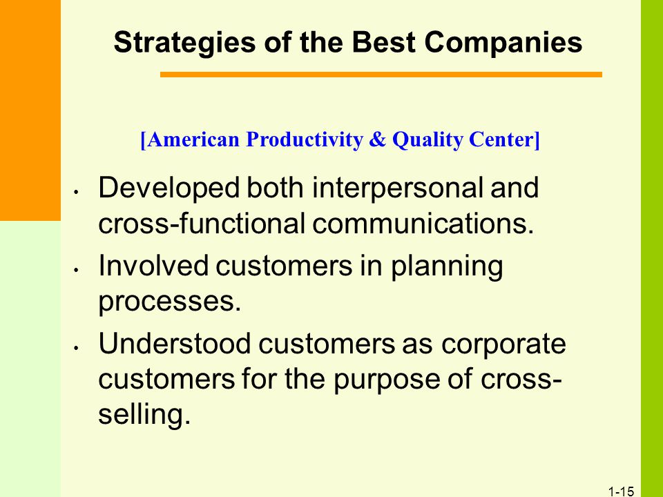 1-15 Strategies of the Best Companies Developed both interpersonal and cross-functional communications.