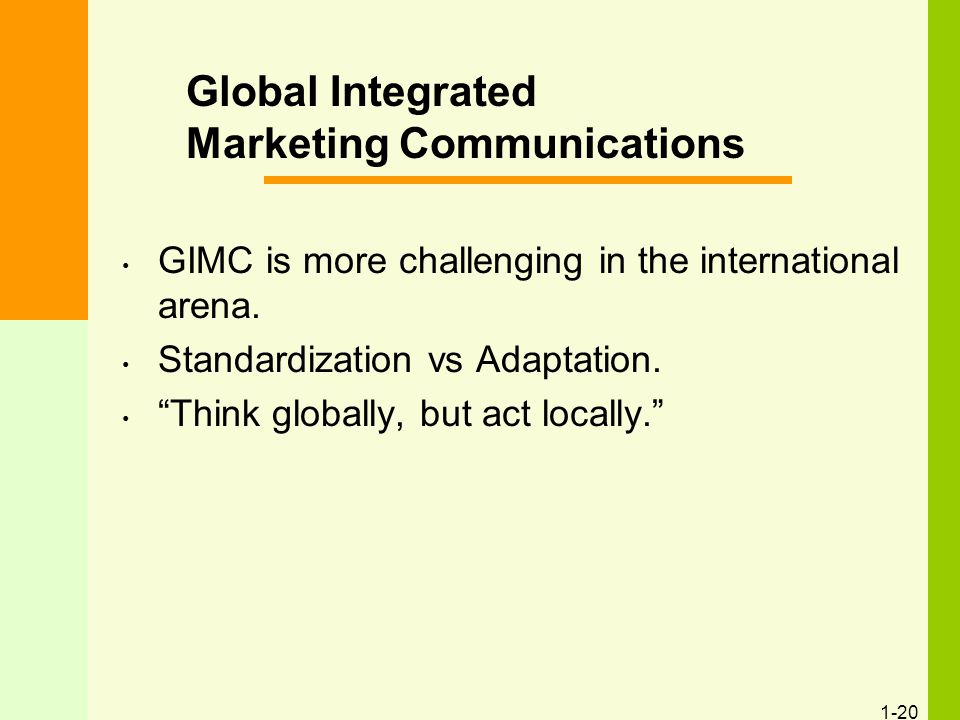 1-20 Global Integrated Marketing Communications GIMC is more challenging in the international arena.