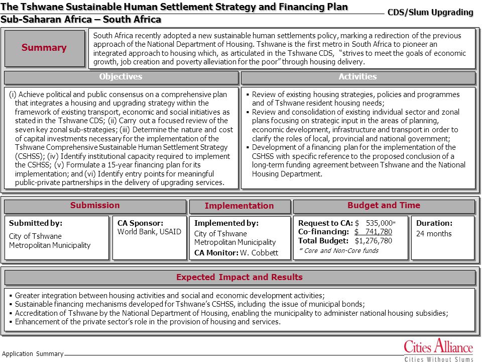 Application Summary The Tshwane Sustainable Human Settlement Strategy and Financing Plan Sub-Saharan Africa – South Africa Summary South Africa recently adopted a new sustainable human settlements policy, marking a redirection of the previous approach of the National Department of Housing.