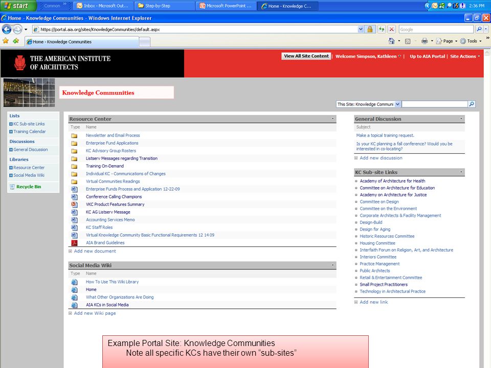 Example Portal Site: Knowledge Communities Note all specific KCs have their own sub-sites