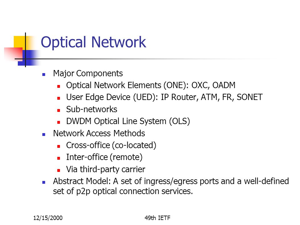 12/15/200049th IETF Optical Network Major Components Optical Network Elements (ONE): OXC, OADM User Edge Device (UED): IP Router, ATM, FR, SONET Sub-networks DWDM Optical Line System (OLS) Network Access Methods Cross-office (co-located) Inter-office (remote) Via third-party carrier Abstract Model: A set of ingress/egress ports and a well-defined set of p2p optical connection services.