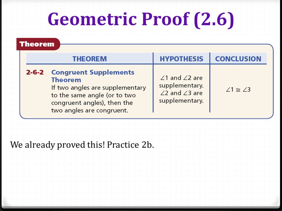 Geometric Proof (2.6) We already proved this! Practice 2b.