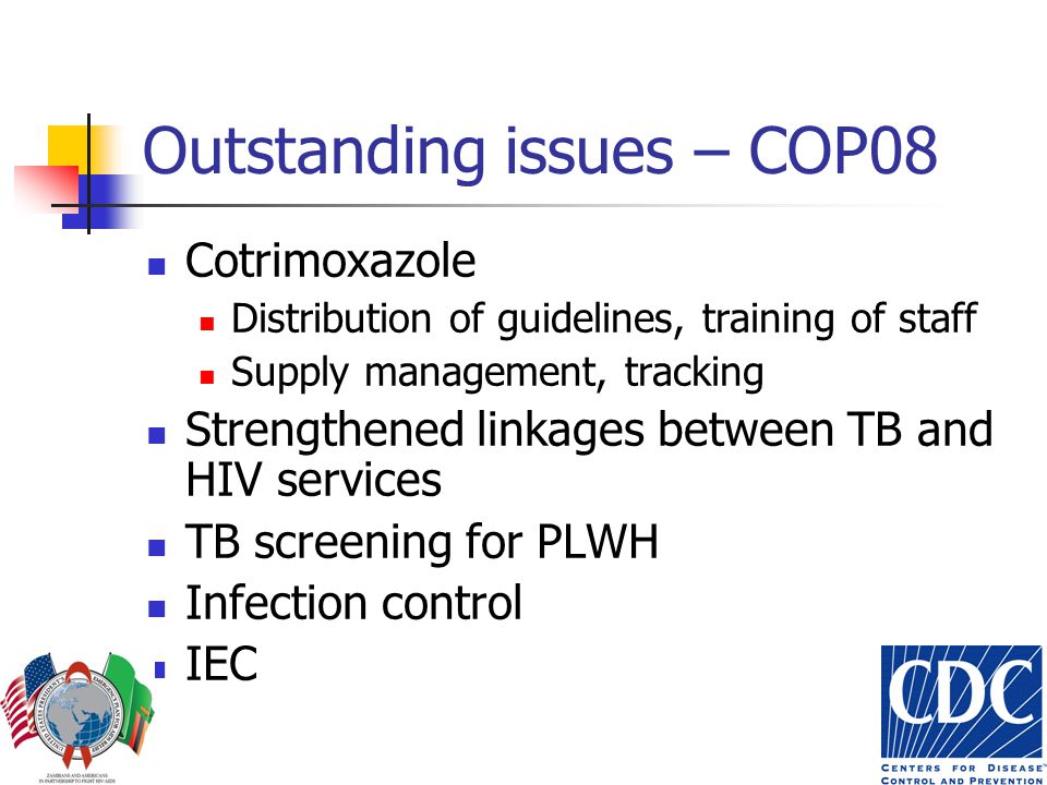 Outstanding issues – COP08 Cotrimoxazole Distribution of guidelines, training of staff Supply management, tracking Strengthened linkages between TB and HIV services TB screening for PLWH Infection control IEC