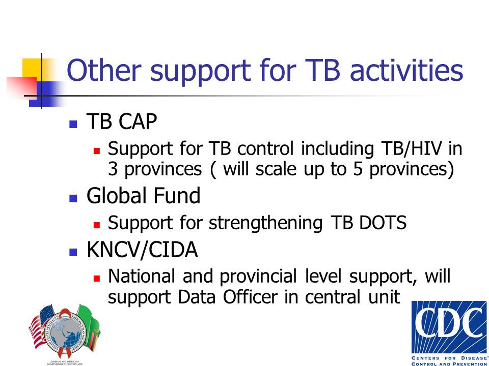 Other support for TB activities TB CAP Support for TB control including TB/HIV in 3 provinces ( will scale up to 5 provinces) Global Fund Support for strengthening TB DOTS KNCV/CIDA National and provincial level support, will support Data Officer in central unit