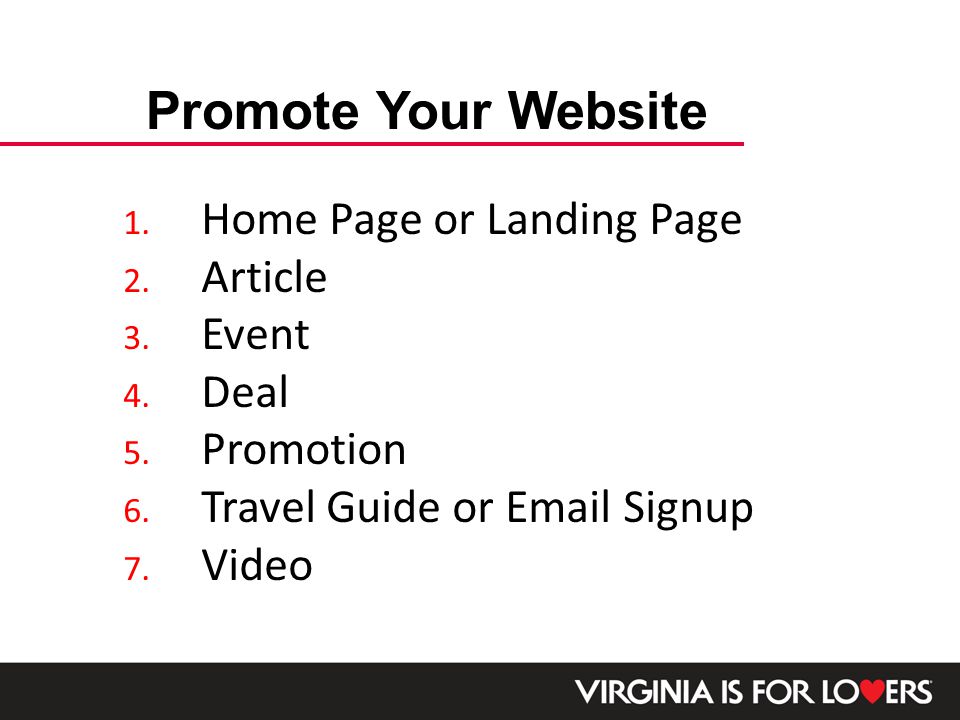 1. Home Page or Landing Page 2. Article 3. Event 4.