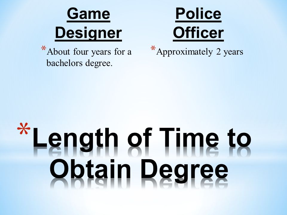Game Designer * About four years for a bachelors degree. Police Officer * Approximately 2 years