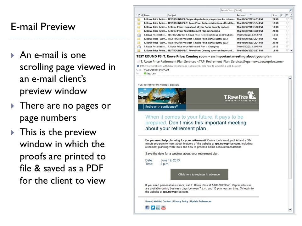 Preview  An  is one scrolling page viewed in an  client’s preview window  There are no pages or page numbers  This is the preview window in which the proofs are printed to file & saved as a PDF for the client to view