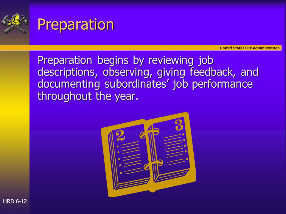 United States Fire Administration HRD 6-12 Preparation Preparation begins by reviewing job descriptions, observing, giving feedback, and documenting subordinates’ job performance throughout the year.
