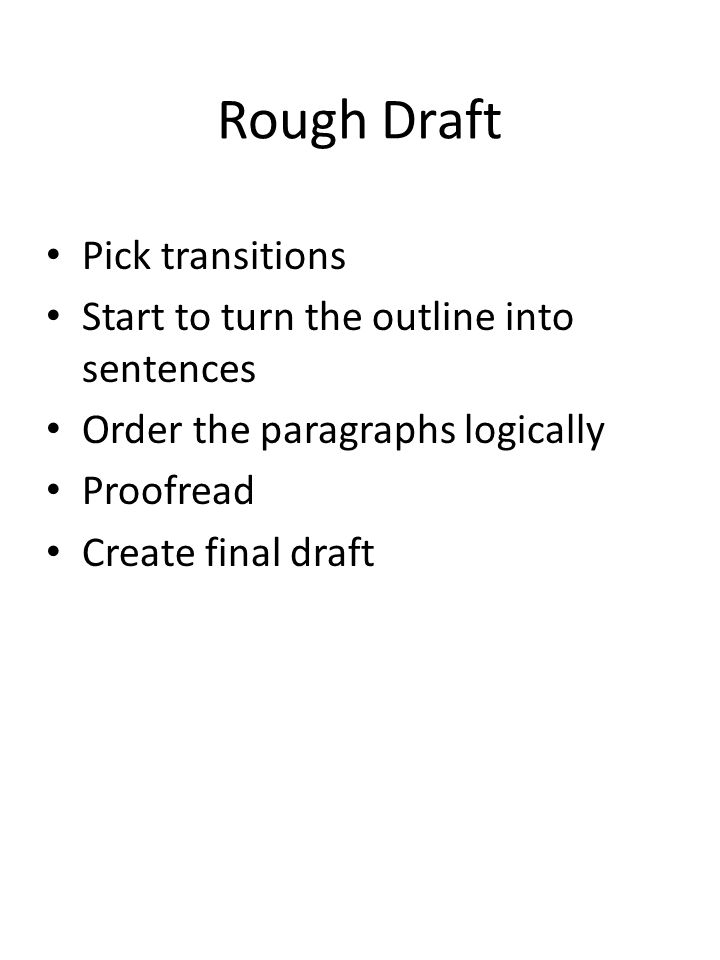 Rough Draft Pick transitions Start to turn the outline into sentences Order the paragraphs logically Proofread Create final draft