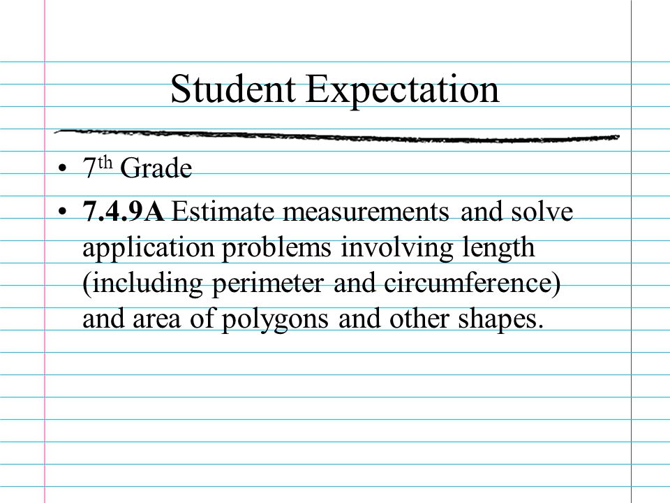 Student Expectation 7 th Grade 7.4.9A Estimate measurements and solve application problems involving length (including perimeter and circumference) and area of polygons and other shapes.