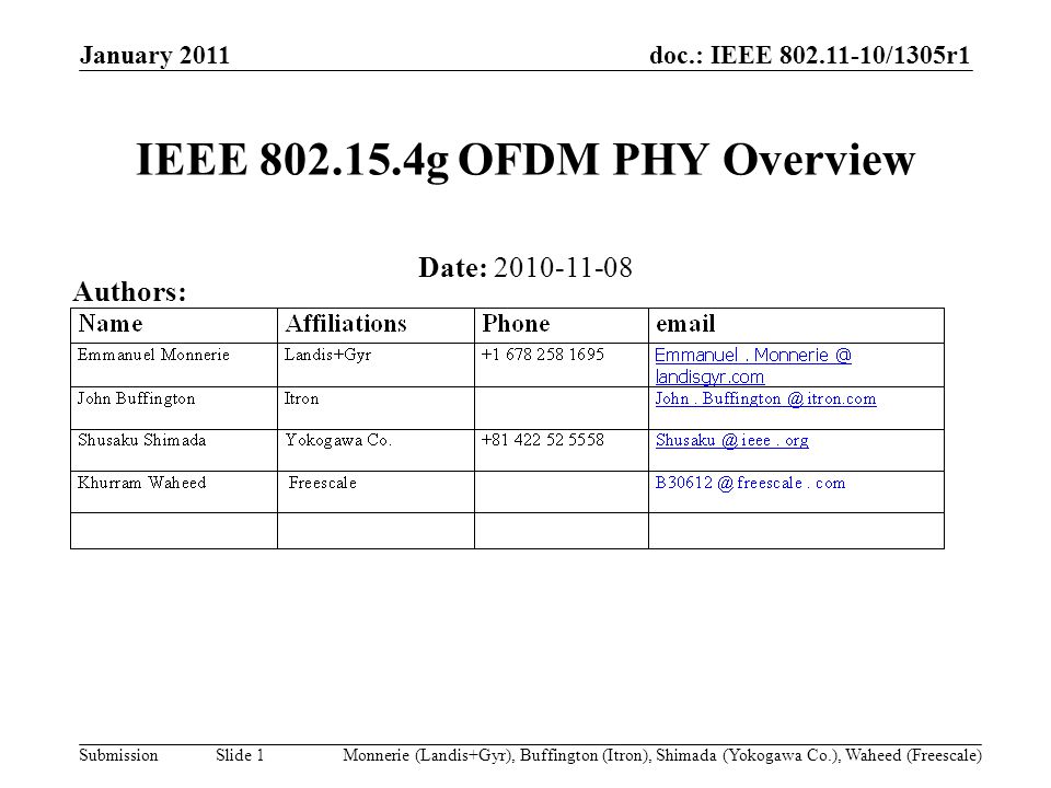 doc.: IEEE /1305r1 Submission January 2011 Monnerie (Landis+Gyr), Buffington (Itron), Shimada (Yokogawa Co.), Waheed (Freescale) Slide 1 IEEE g OFDM PHY Overview Date: Authors: