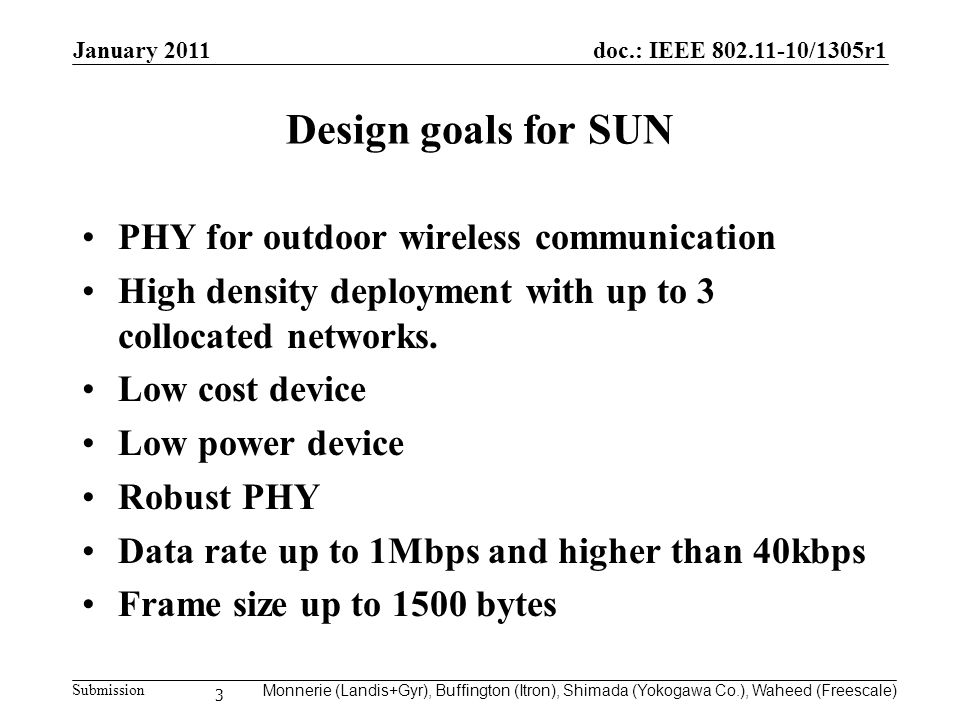 doc.: IEEE /1305r1 Submission Design goals for SUN PHY for outdoor wireless communication High density deployment with up to 3 collocated networks.