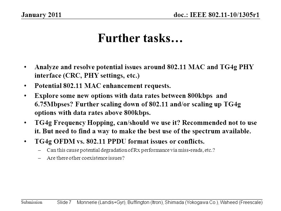 doc.: IEEE /1305r1 Submission Further tasks… Analyze and resolve potential issues around MAC and TG4g PHY interface (CRC, PHY settings, etc.) Potential MAC enhancement requests.