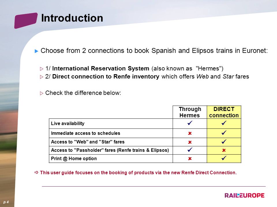 Introduction  Choose from 2 connections to book Spanish and Elipsos trains in Euronet:  1/ International Reservation System (also known as Hermes )  2/ Direct connection to Renfe inventory which offers Web and Star fares  Check the difference below:  This user guide focuses on the booking of products via the new Renfe Direct Connection.