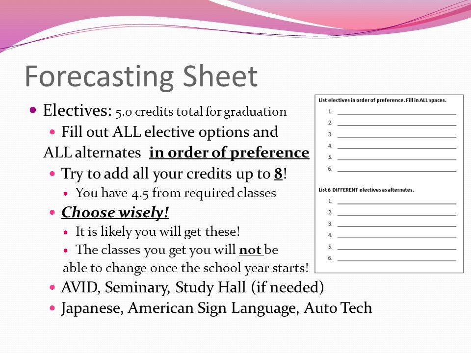 Forecasting Sheet Electives: 5.0 credits total for graduation Fill out ALL elective options and ALL alternates in order of preference Try to add all your credits up to 8.