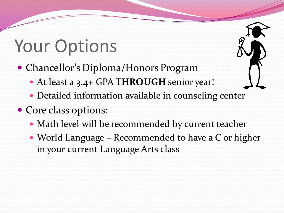 Your Options Chancellor’s Diploma/Honors Program At least a 3.4+ GPA THROUGH senior year.