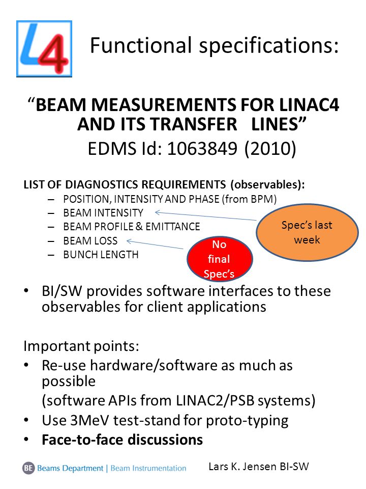 Functional specifications: BEAM MEASUREMENTS FOR LINAC4 AND ITS TRANSFER LINES EDMS Id: (2010) LIST OF DIAGNOSTICS REQUIREMENTS (observables): – POSITION, INTENSITY AND PHASE (from BPM) – BEAM INTENSITY – BEAM PROFILE & EMITTANCE – BEAM LOSS – BUNCH LENGTH BI/SW provides software interfaces to these observables for client applications Important points: Re-use hardware/software as much as possible (software APIs from LINAC2/PSB systems) Use 3MeV test-stand for proto-typing Face-to-face discussions Lars K.