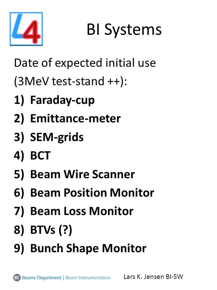 BI Systems Date of expected initial use (3MeV test-stand ++): 1)Faraday-cup 2)Emittance-meter 3)SEM-grids 4)BCT 5)Beam Wire Scanner 6)Beam Position Monitor 7)Beam Loss Monitor 8)BTVs ( ) 9)Bunch Shape Monitor Lars K.