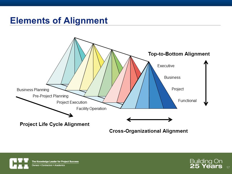 17 Elements of Alignment Business Planning Pre-Project Planning Project Execution Facility Operation Business Executive Project Functional Project Life Cycle Alignment Cross-Organizational Alignment Top-to-Bottom Alignment