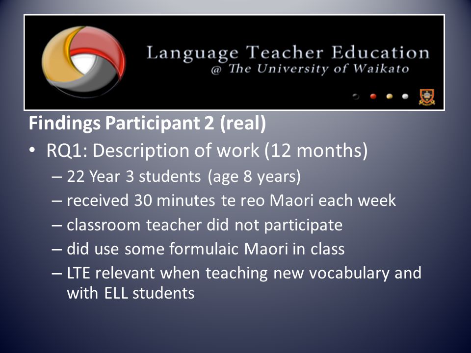 Findings Participant 2 (real) RQ1: Description of work (12 months) – 22 Year 3 students (age 8 years) – received 30 minutes te reo Maori each week – classroom teacher did not participate – did use some formulaic Maori in class – LTE relevant when teaching new vocabulary and with ELL students
