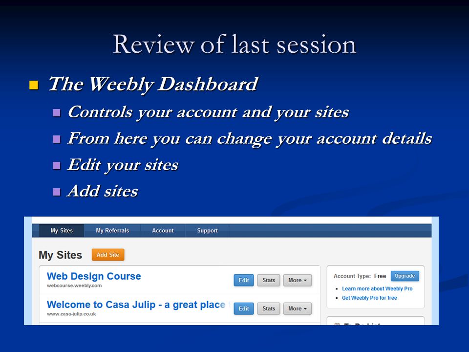 Review of last session The Weebly Dashboard The Weebly Dashboard Controls your account and your sites Controls your account and your sites From here you can change your account details From here you can change your account details Edit your sites Edit your sites Add sites Add sites