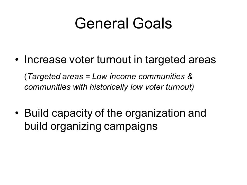 General Goals Increase voter turnout in targeted areas (Targeted areas = Low income communities & communities with historically low voter turnout) Build capacity of the organization and build organizing campaigns