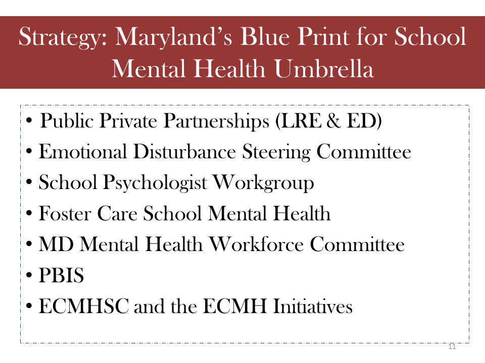 Public Private Partnerships (LRE & ED) Emotional Disturbance Steering Committee School Psychologist Workgroup Foster Care School Mental Health MD Mental Health Workforce Committee PBIS ECMHSC and the ECMH Initiatives Strategy: Maryland’s Blue Print for School Mental Health Umbrella 11