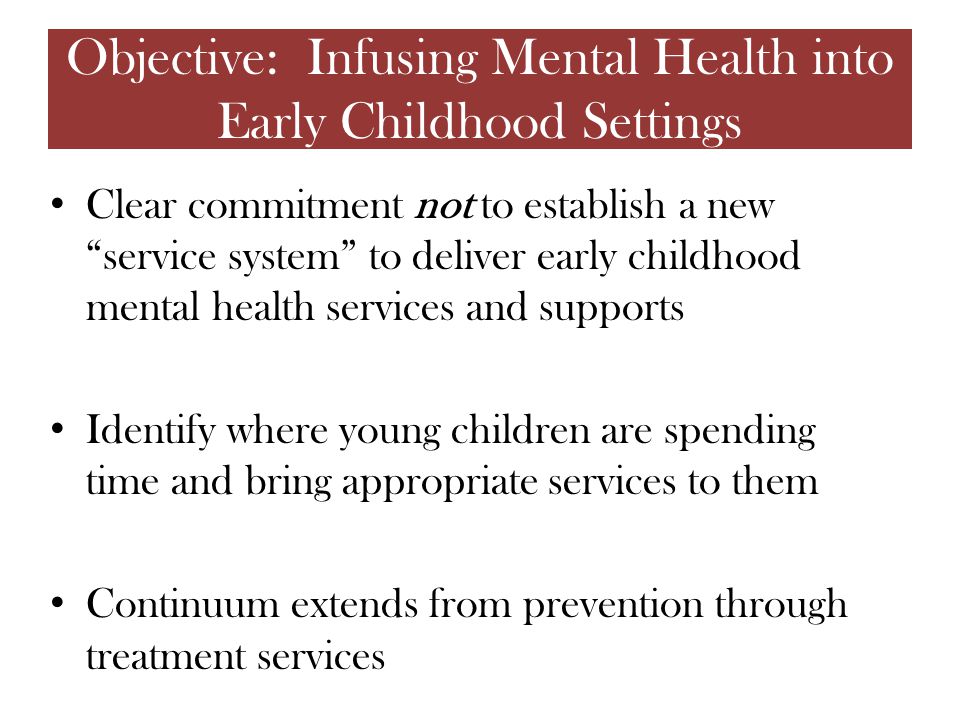 Clear commitment not to establish a new service system to deliver early childhood mental health services and supports Identify where young children are spending time and bring appropriate services to them Continuum extends from prevention through treatment services Objective: Infusing Mental Health into Early Childhood Settings